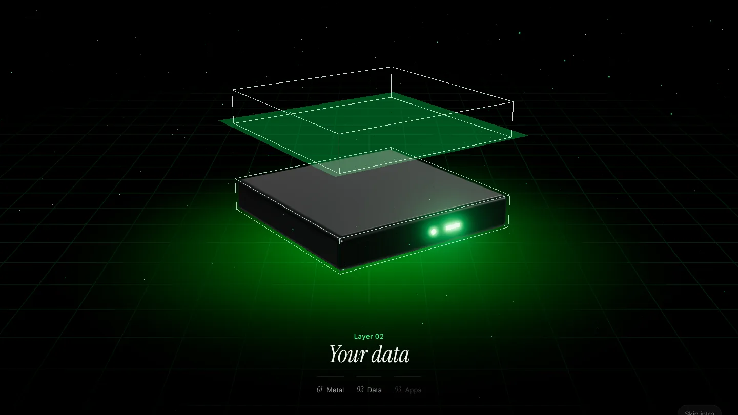 Three dark server slabs stacked on a green-lit grid, joined by bright seams of light.